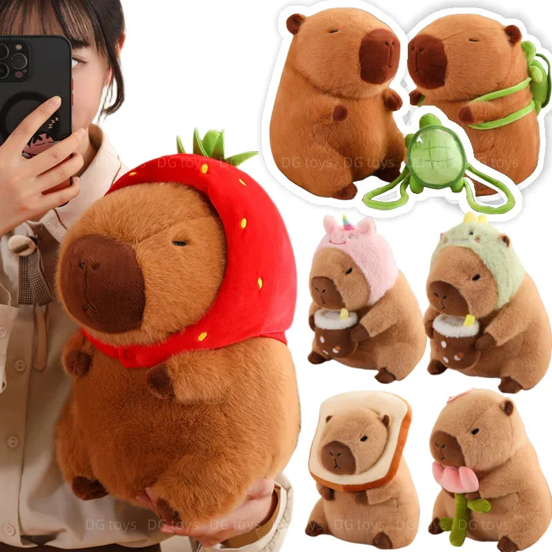 Capybara Plush Toy With Strawberry Hat And Turtle Backpack