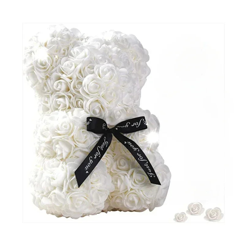 White Color Eternal Rose Teddy Bear Gift – Artificial Flower Decor