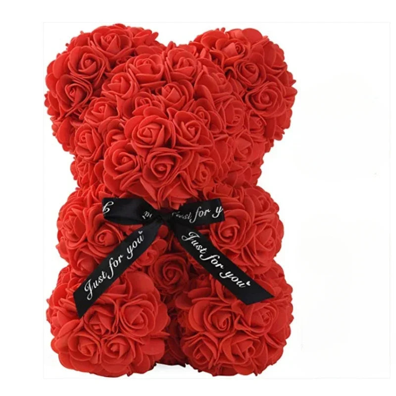 Red Color Eternal Rose Teddy Bear Gift – Artificial Flower Decor