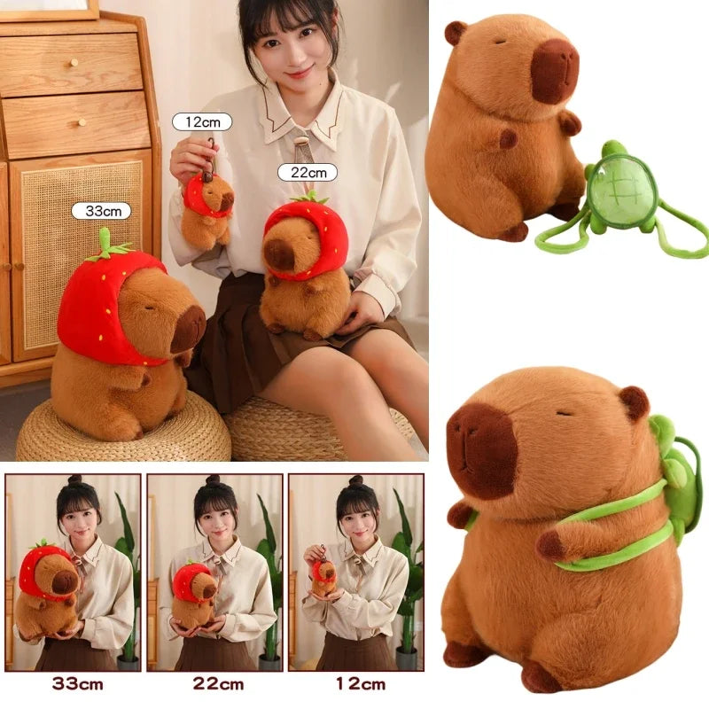 Capybara Plush Toy With Strawberry Hat And Turtle Backpack